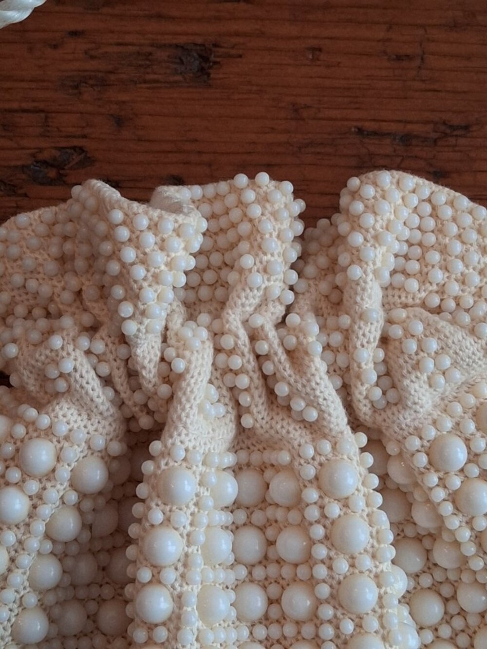Vintage White/ Beige Beaded Lined Drawstring Bag Pouch - Picture 6 of 8